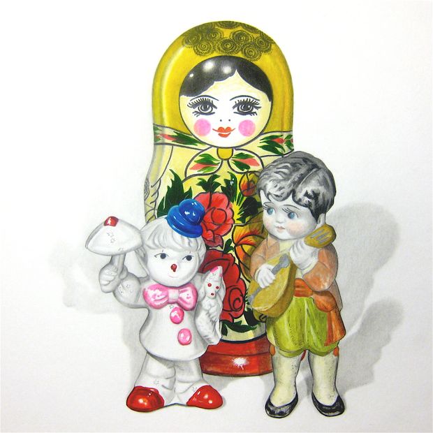 still life matryoshka doll figurines watercolor artwork ashton hawkins johnnie moore painting clown