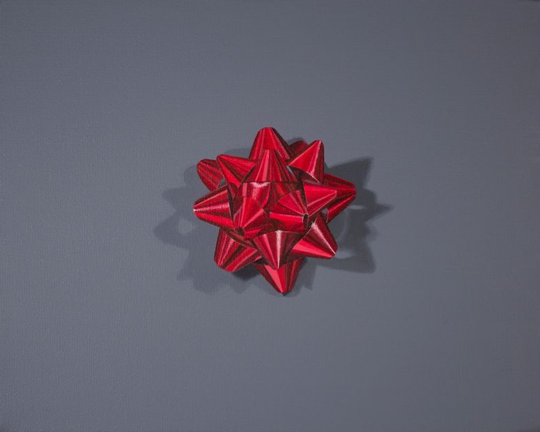 still life red gift bow acrylic on canvas painting contemporary art new york city ribbon observation