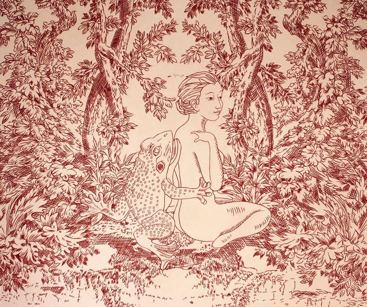 Frog woman figurine woods contemporary still life painting art gallery pattern design provenzano toy