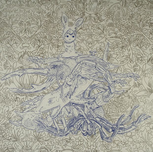 Bunny of the Mountain painting art contemporary design pattern white gold leaf blue shark spider