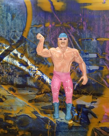 contemporary still life painting collaboration of Jesse the Body Ventura on abstract painted paper 