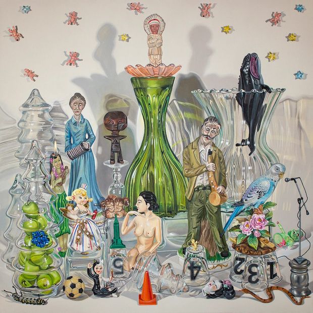 contemporary art still life figurines nostalgia earth glassware whale aging sickness death painting