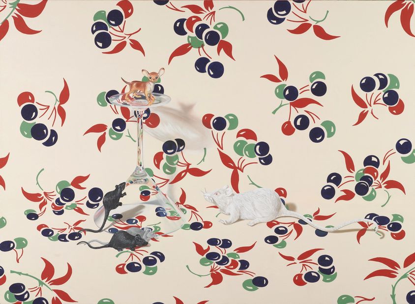 vintage table cloth cherry fabric still life contemporary art painting rats chihuahua realism figure