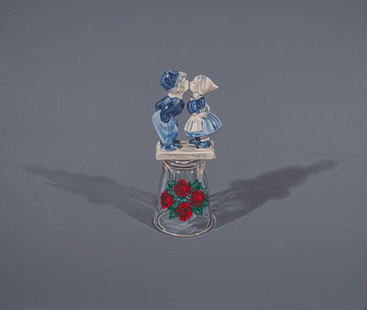 contemporary still life painting art vintage figurine kissing dutch shot glass roses realism newyork