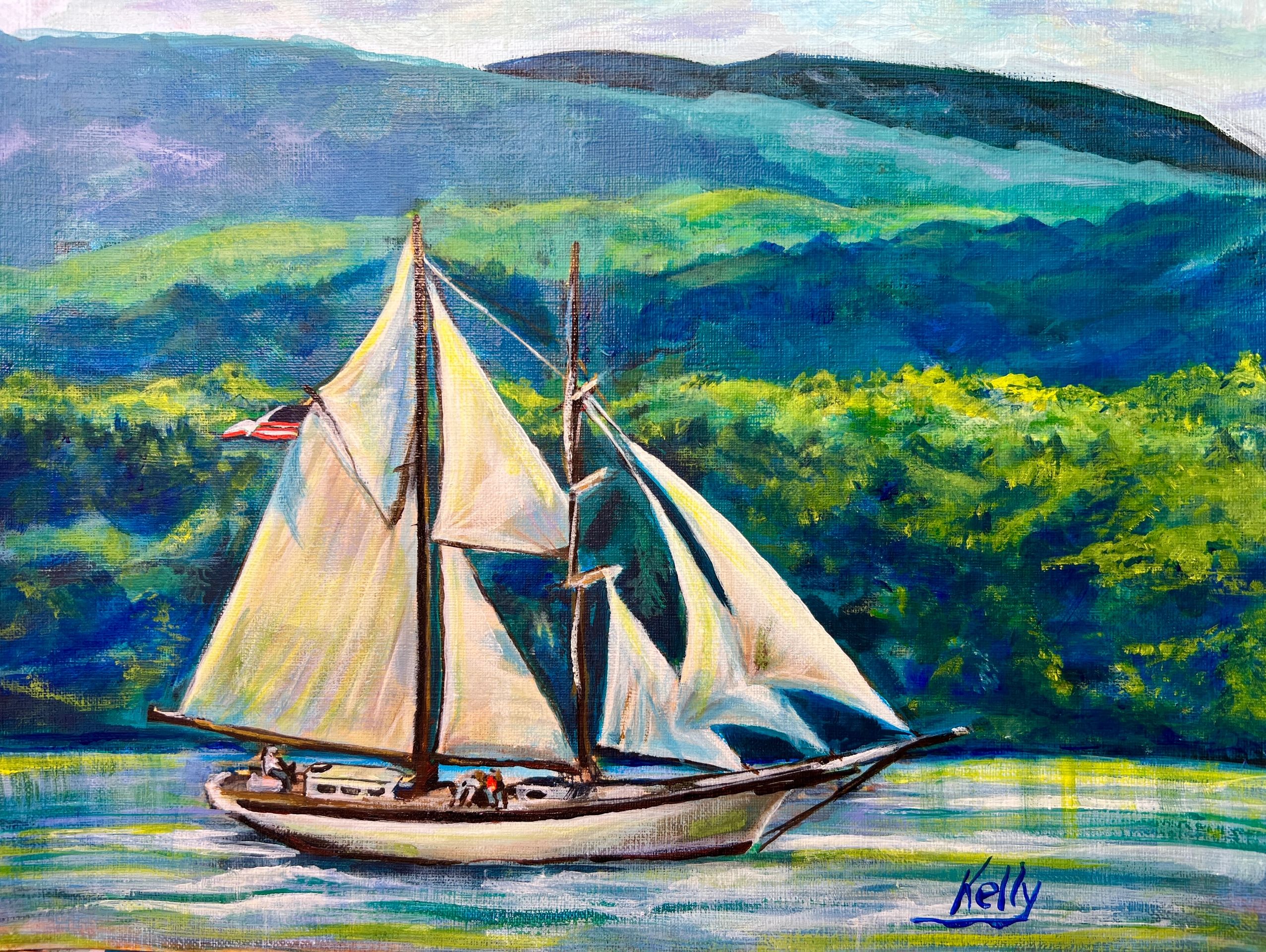 “Tall Ship” was painted from a photo taken of a Tall Ship passing us in Penobscot Bay, Maine.