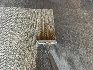 Carpet being steam cleaned, showing clear before and after differences.