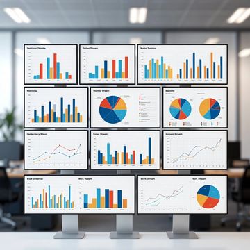 Multiple monitors displaying diverse charts and graphs in an office setting.