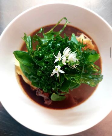 Slow braised beef in a shallot, garlic & date sauce