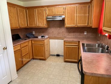 View of kitchen with cabinets, space for stove, sink, vent hood, dishwasher, and edge of pantry door