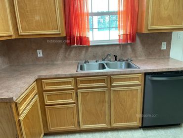 View of kitchen sink, cabinets, window and dishwasher.