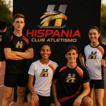 Atletas del Club Atletismo HISPANIA. Foto de equipo. Logo Club Atletismo HISPANIA
