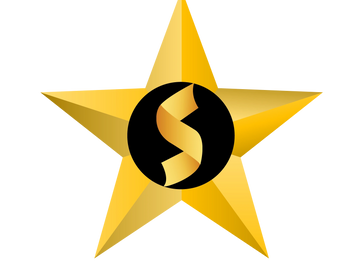 Golden star with a stylized black symbol in the center.