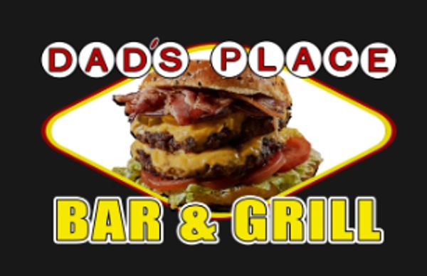 DADS PLACE BAR AND GRILL LOGO IN RED AND YELLOW WITH LARGE BACON CHEESEBURGER IN THE MIDDLE