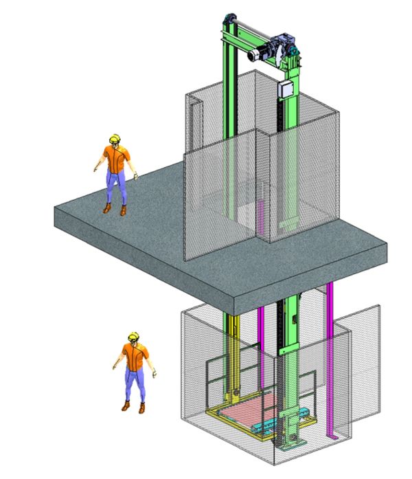 Vertical Reciprocating Conveyor Material Lift accessing two floors