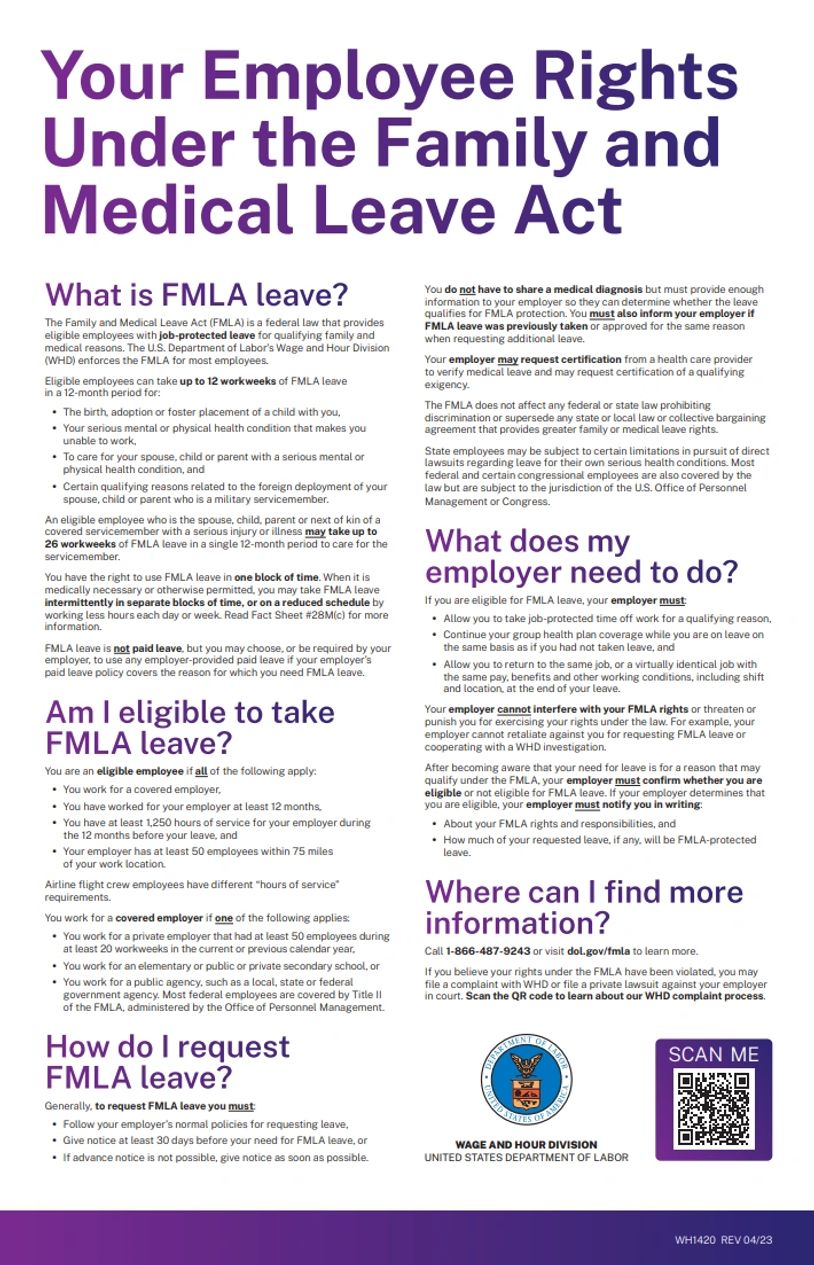 Informative poster explaining employee rights under the Family and Medical Leave Act (FMLA).