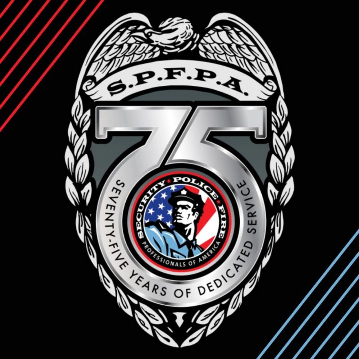 Badge celebrating 75 years of dedicated service by security, police, and fire professionals.
