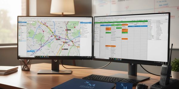 A dual-monitor setup showing a map and a scheduling spreadsheet on a desk.