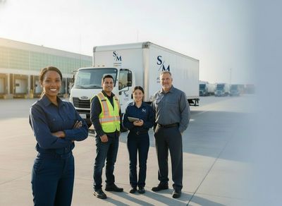 Diverse logistics team standing confidently in front of delivery trucks at a warehouse.