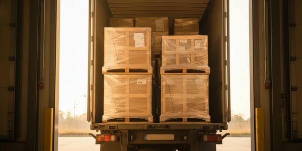 Pallets of cardboard boxes loaded inside a delivery truck.
