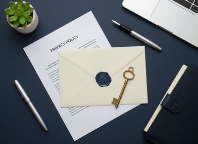 Envelope with wax seal and key on privacy policy document on desk.