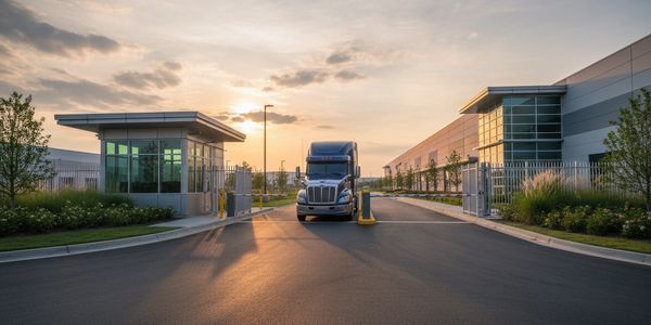 A semi-truck entering a gated industrial facility at sunset.