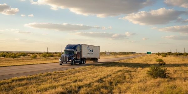 A semi truck drives on a rural highway under a partly cloudy sky.