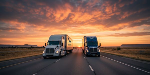 Two semi-trucks driving side by side on a highway at sunset.