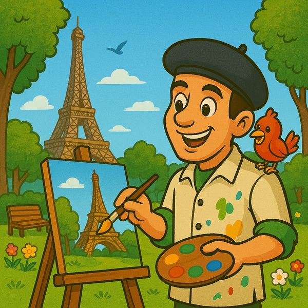 Geo Joe painting the Eiffel Tower in Paris, France.  A beautiful day of arts and adventure!