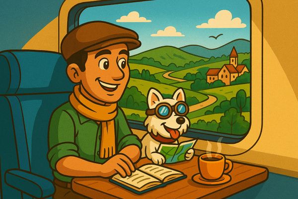 Geo Joe and his faithful dog "Traveler" enjoying a scenic train ride as they explore Europe!