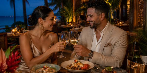 Couple enjoying a romantic dinner with wine at an elegant outdoor restaurant.
