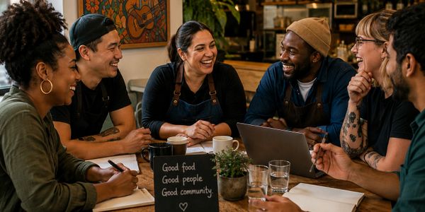 A diverse group sharing ideas around a table in a cozy café setting.