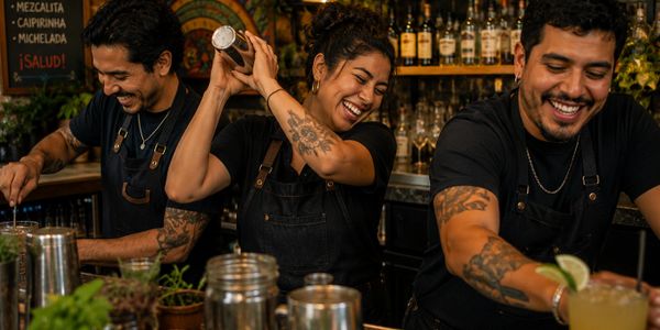 Three bartenders joyfully preparing drinks behind a bar counter.