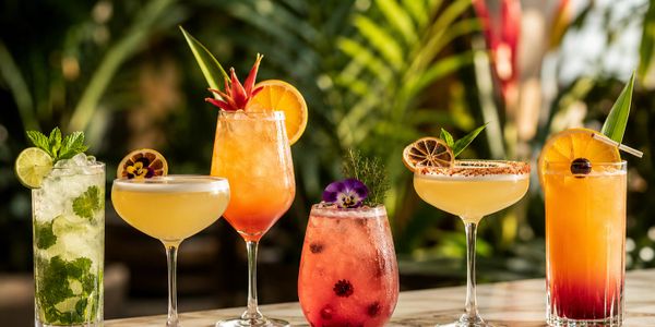A vibrant assortment of six colorful cocktails garnished with fruits and herbs.
