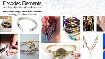 Handcrafted jewelry from Encoded Elements™, including bracelets and necklaces made in small batche