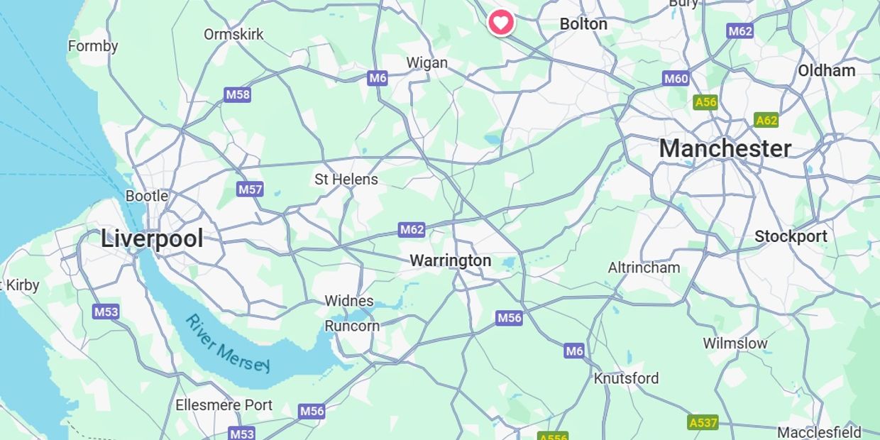 Map showing Liverpool, Manchester, and surrounding areas with major highways.