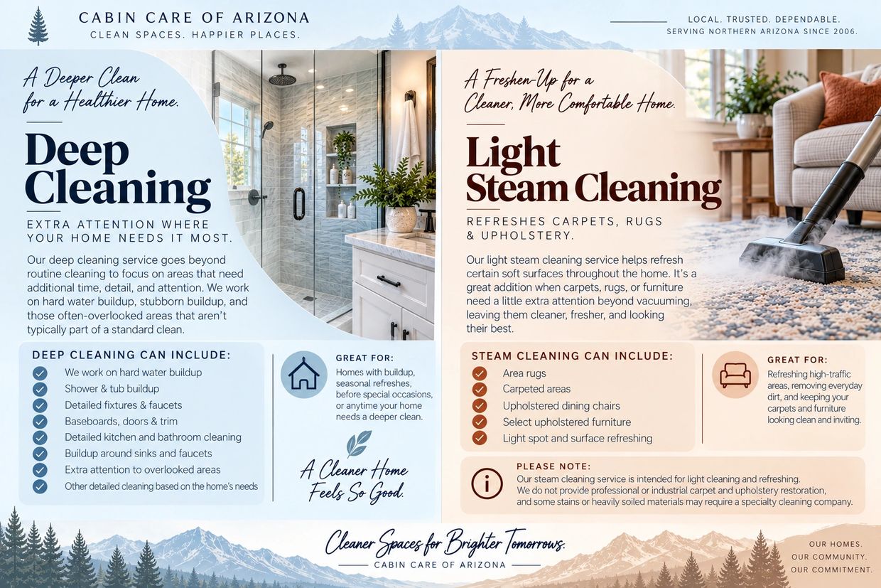 Informative flyer for Cabin Care of Arizona's deep and steam cleaning services.