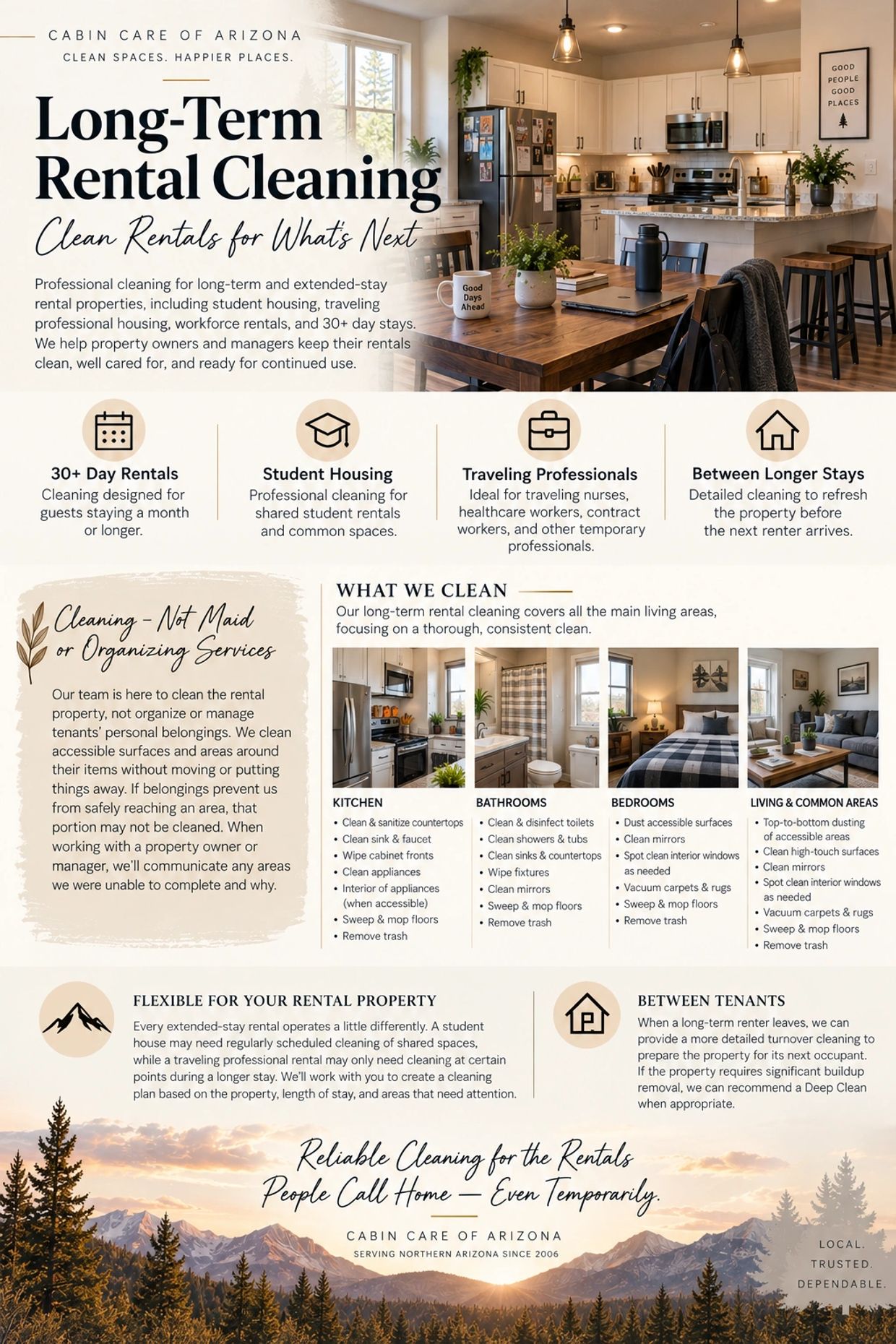 Flyer for long-term rental cleaning services by Cabin Care of Arizona.
