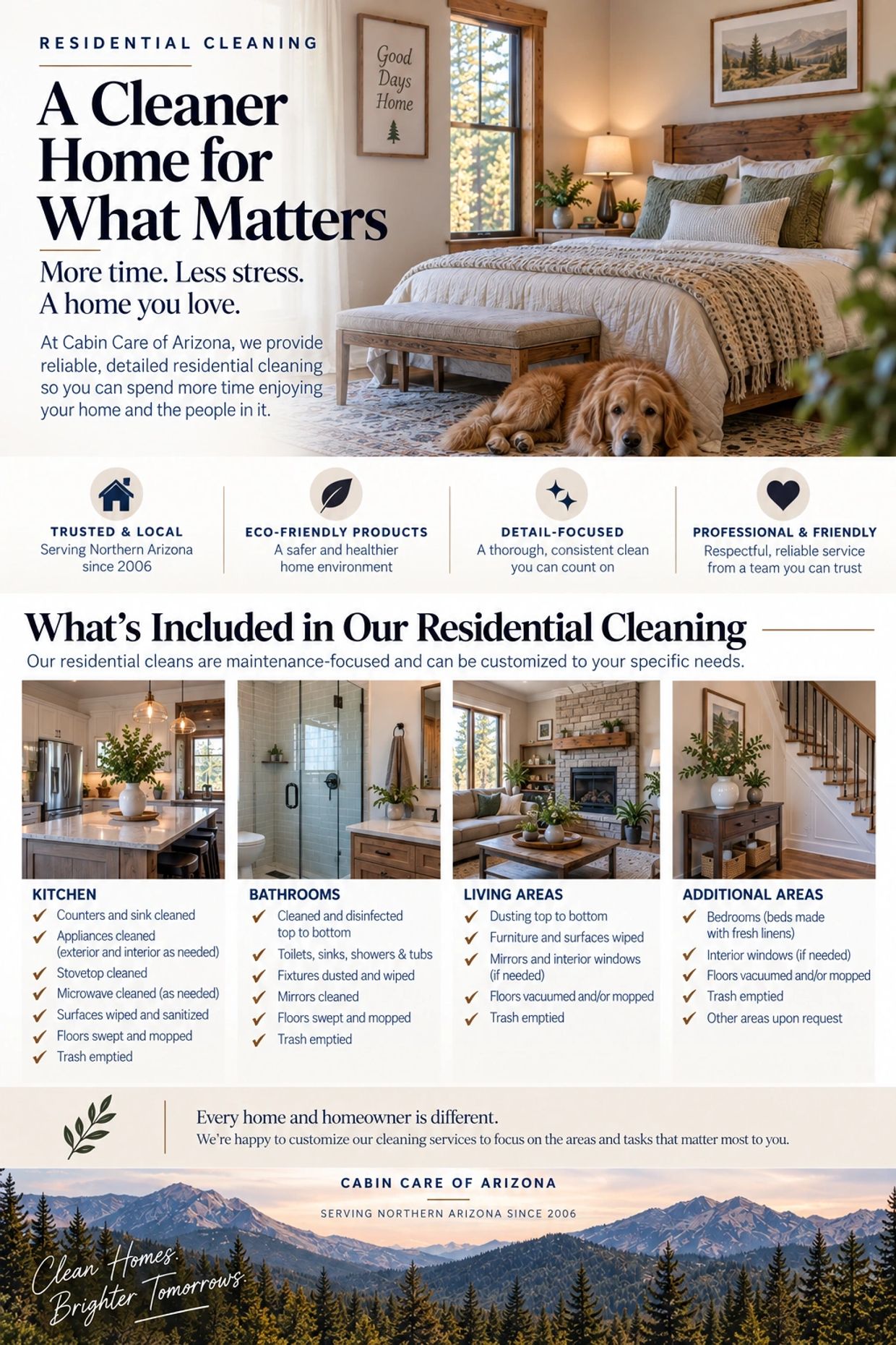 Residential cleaning service details with home interior images and a dog.