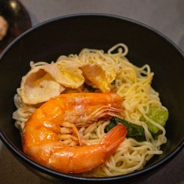 bowl with ramen, and shrimp and broth