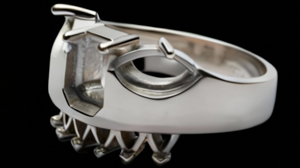 Close-up of a silver ring setting without stones on a black background.