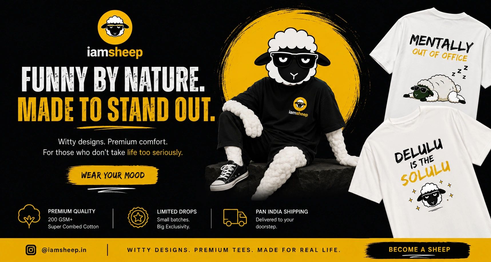 Advertisement for Iamsheep witty t-shirts with sheep mascot.