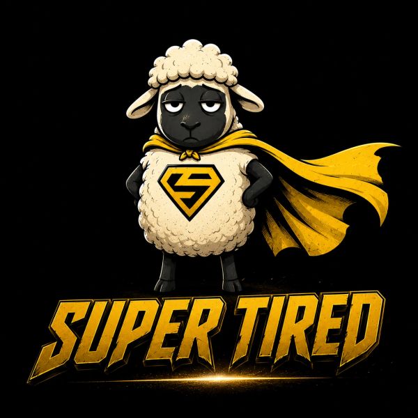 A tired sheep wearing a superhero cape.