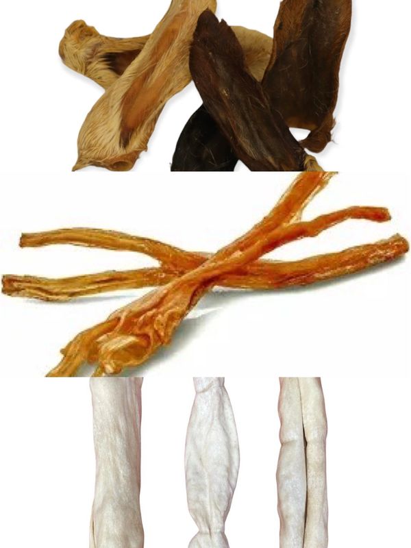 Natural dog treats: furry goats ears, beef tendons & beef skin