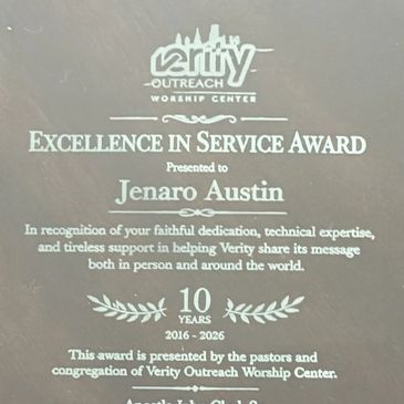 Certificate for Excellence in Service awarded to Jenaro Austin.
