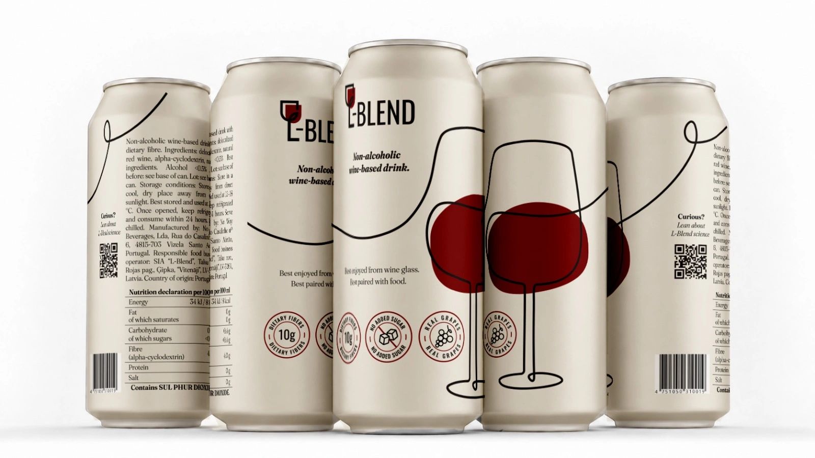 Cans of L-BLEND non-alcoholic wine-based drink with red wine glass illustrations.