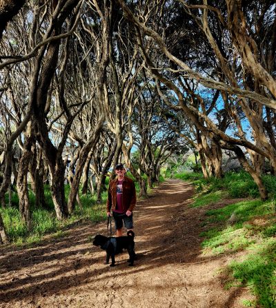 Man walking dog on a forest trail with arching trees.