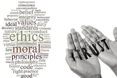 Word cloud of ethics and morals with hands showing TRUST letters.