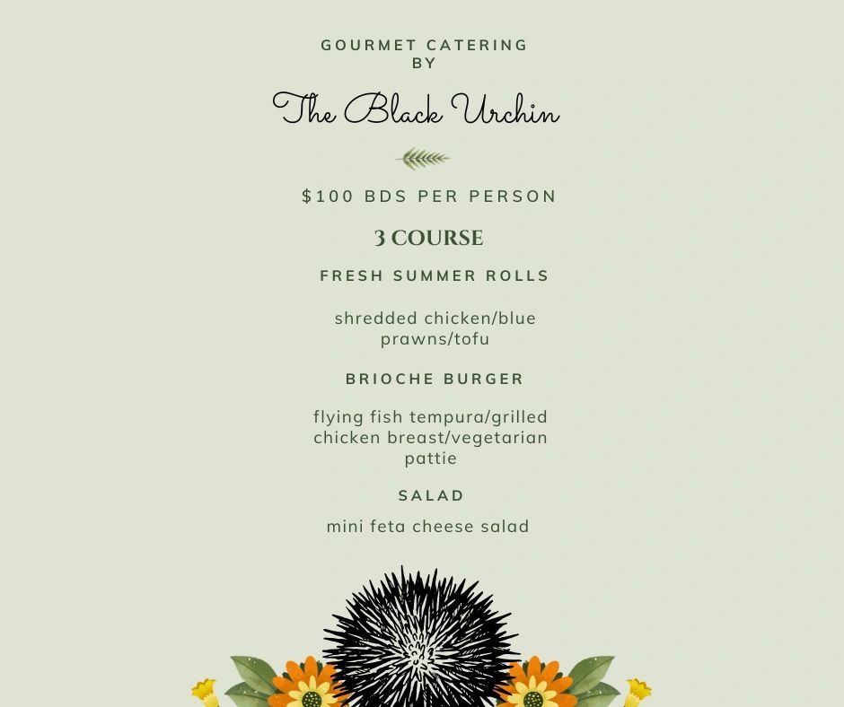 Gourmet catering menu by The Black Urchin featuring a 3-course meal with summer rolls, brioche burger, and mini feta cheese salad.