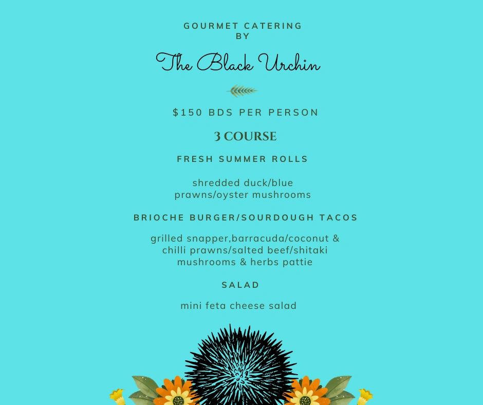 Gourmet catering menu by The Black Urchin featuring a 3-course meal for $150 BDS per person.