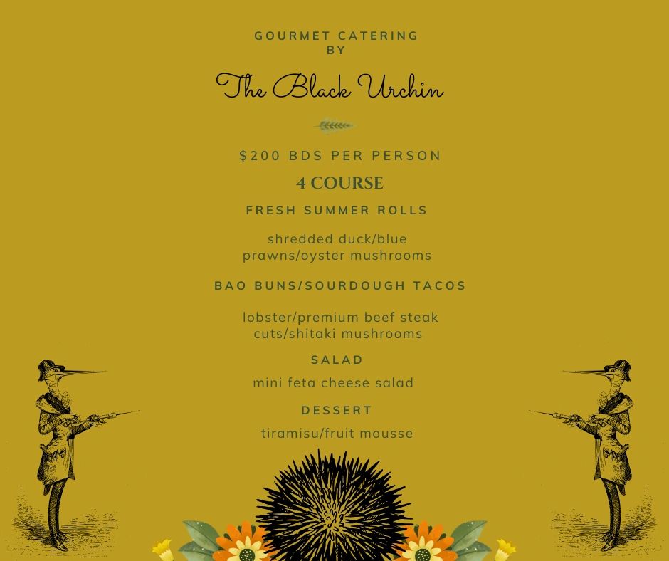 Gourmet 4-course catering menu by The Black Urchin with seafood, beef, salad, and dessert.